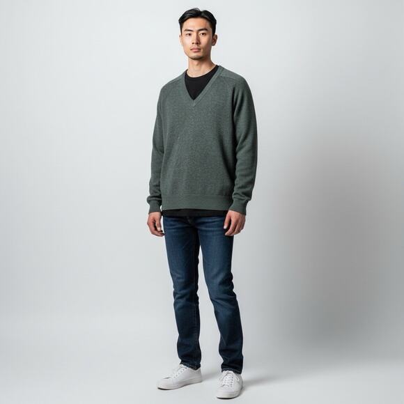 Vtg LL Bean V Neck Sweater 100% Lambswool Green Made In Scotland Size M 90’s - Picture 1 of 7